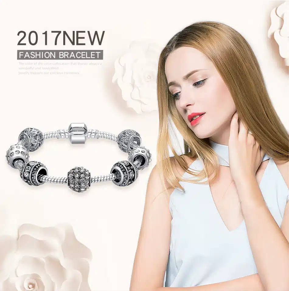 BELAWANG Fashion Women Bracelet Silver Color Crystal Bead Charm Bracelet For Women Christmas Jewelry Original Bracelets Gift 26