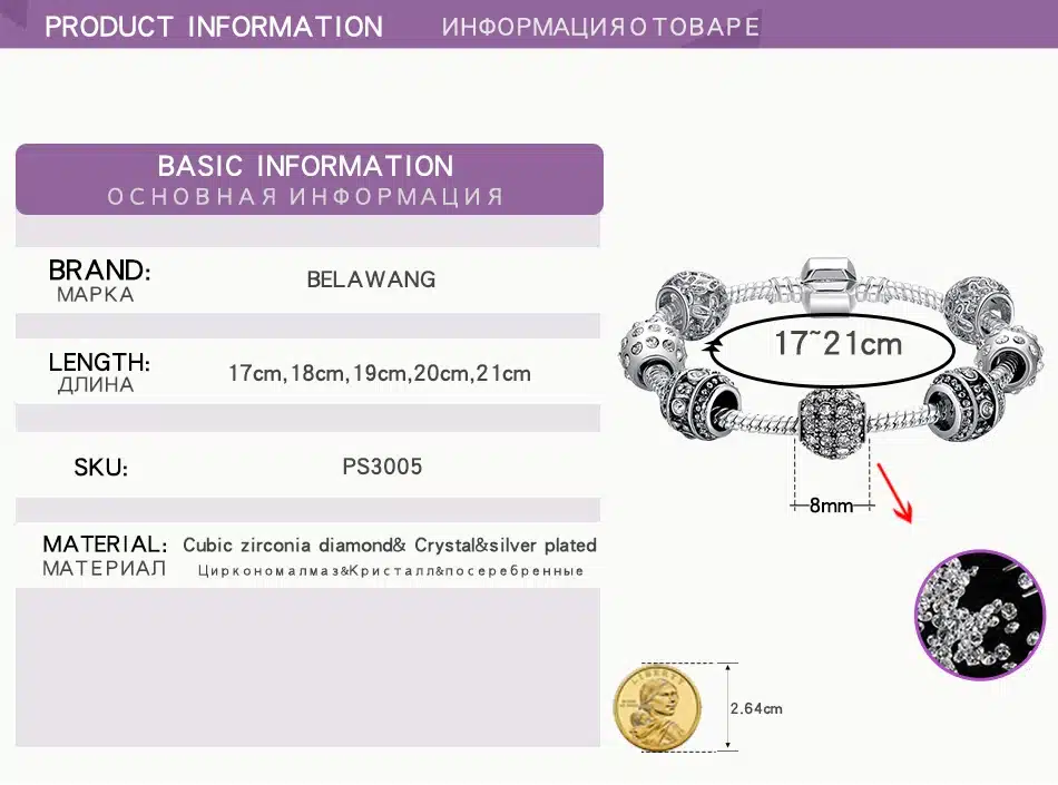 BELAWANG Fashion Women Bracelet Silver Color Crystal Bead Charm Bracelet For Women Christmas Jewelry Original Bracelets Gift 27