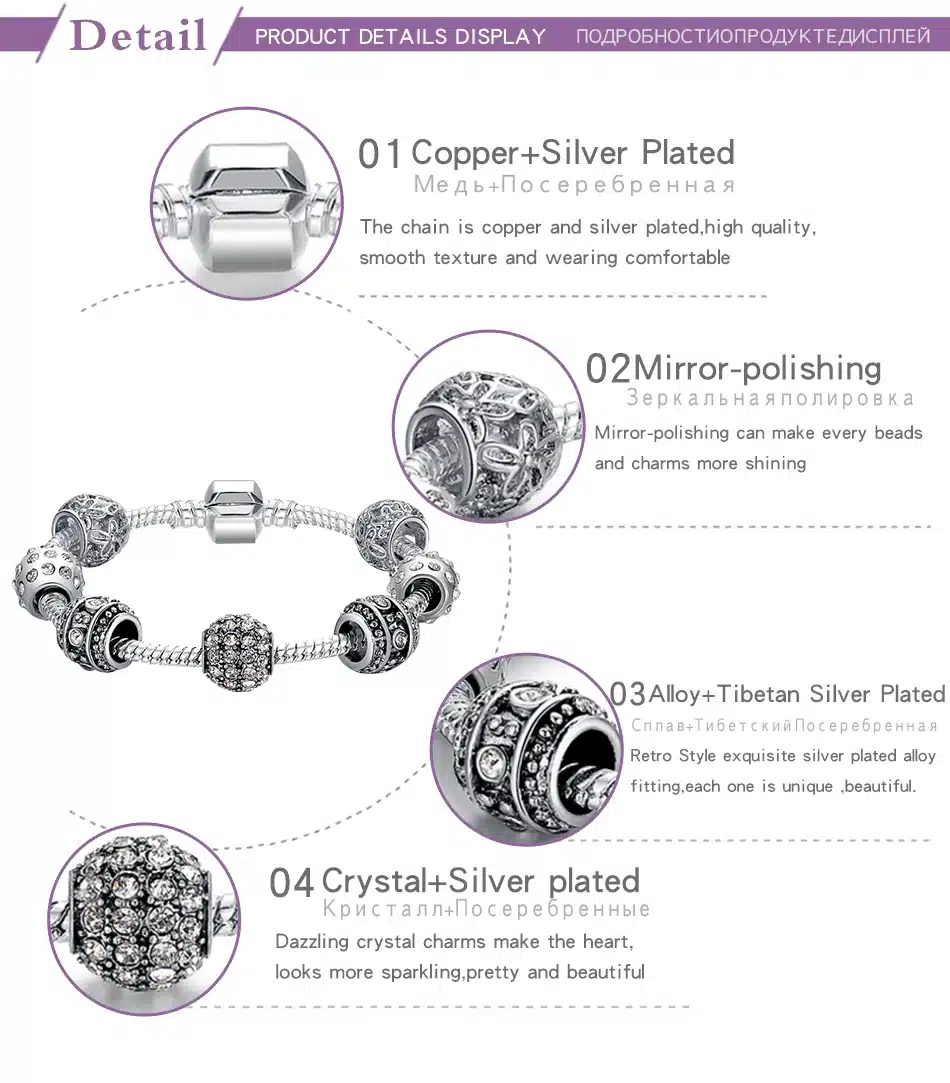 BELAWANG Fashion Women Bracelet Silver Color Crystal Bead Charm Bracelet For Women Christmas Jewelry Original Bracelets Gift 30