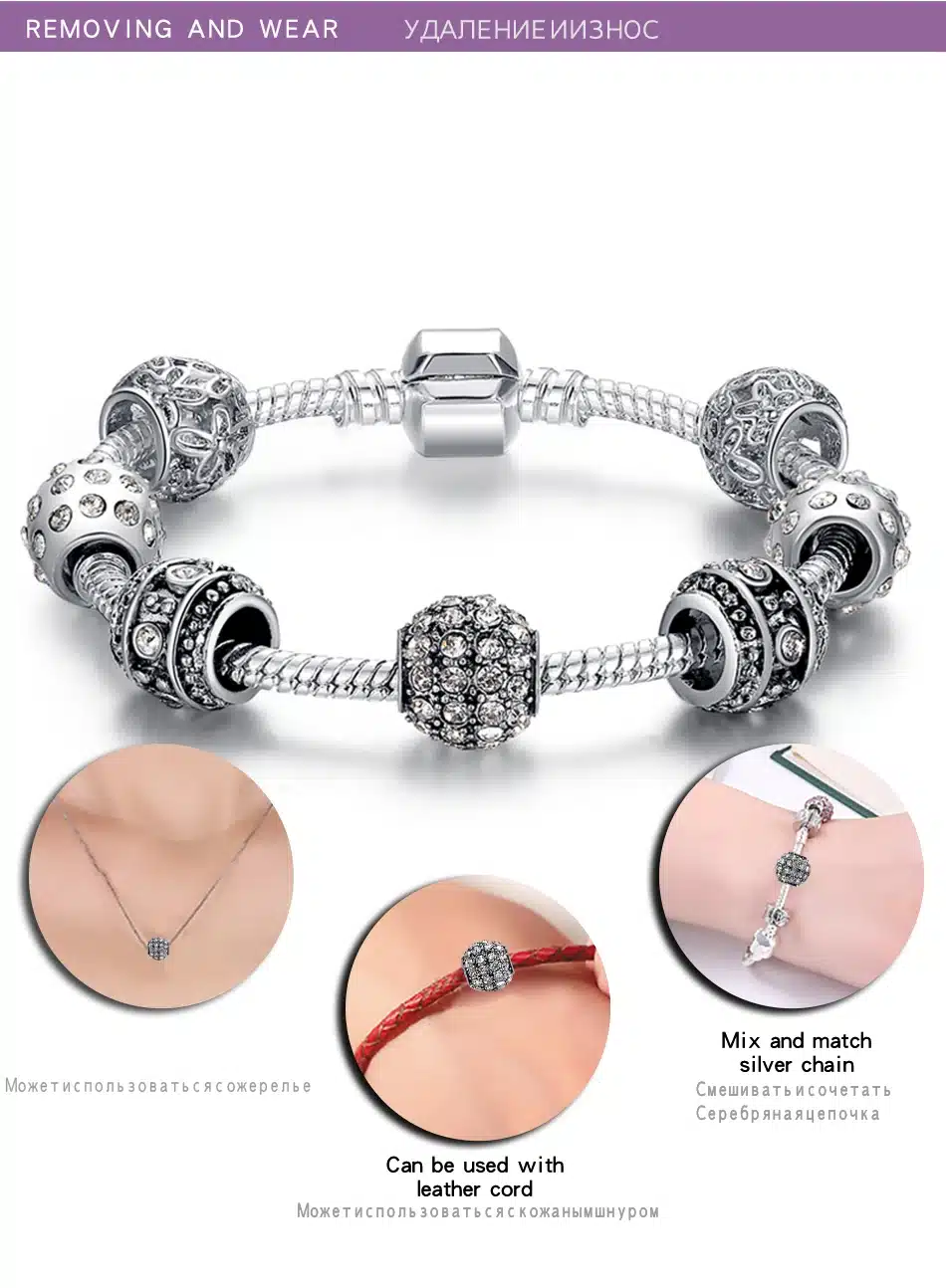 BELAWANG Fashion Women Bracelet Silver Color Crystal Bead Charm Bracelet For Women Christmas Jewelry Original Bracelets Gift 31