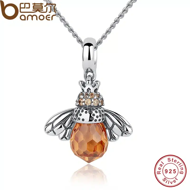 BAMOER 925 Sterling Silver Lovely Orange Bee Animal Pendants Necklace for Women Fine Jewelry CC035 20