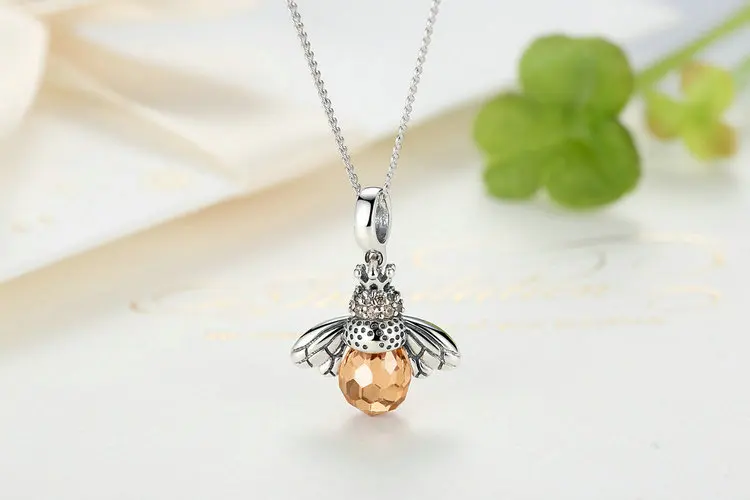 BAMOER 925 Sterling Silver Lovely Orange Bee Animal Pendants Necklace for Women Fine Jewelry CC035 23