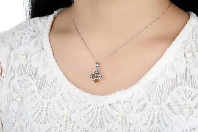 BAMOER 925 Sterling Silver Lovely Orange Bee Animal Pendants Necklace for Women Fine Jewelry CC035 24
