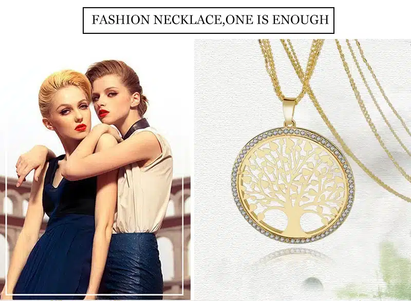 LongWay Tree Of Life Gold Color Long Necklace for Women Vintage Crystal Multilayer Pendant Necklace Female Jewelry Sne160124 4