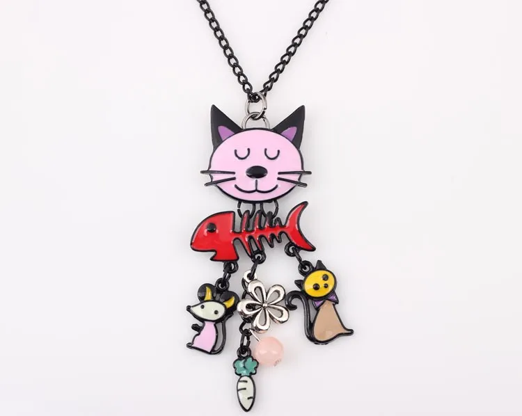 Bonsny Long Chain 2016 Colorful French Cat Necklace Enamel Pendant Fish Alloy Charm Brand Jewelry For Women Girl New Animal 12