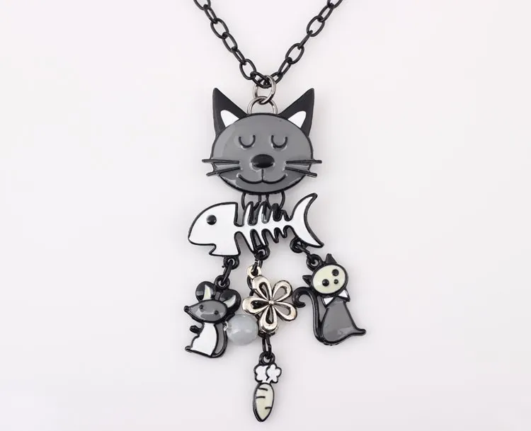 Bonsny Long Chain 2016 Colorful French Cat Necklace Enamel Pendant Fish Alloy Charm Brand Jewelry For Women Girl New Animal 15