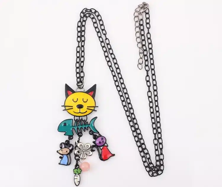 Bonsny Long Chain 2016 Colorful French Cat Necklace Enamel Pendant Fish Alloy Charm Brand Jewelry For Women Girl New Animal 16