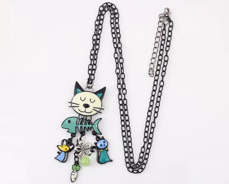 Bonsny Long Chain 2016 Colorful French Cat Necklace Enamel Pendant Fish Alloy Charm Brand Jewelry For Women Girl New Animal 18