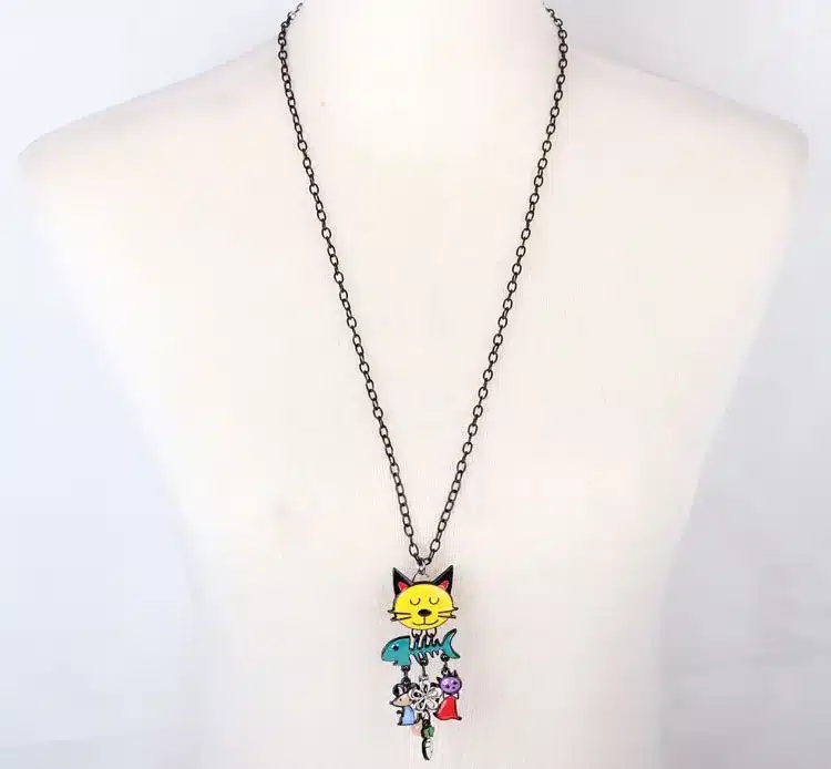 Bonsny Long Chain 2016 Colorful French Cat Necklace Enamel Pendant Fish Alloy Charm Brand Jewelry For Women Girl New Animal 22