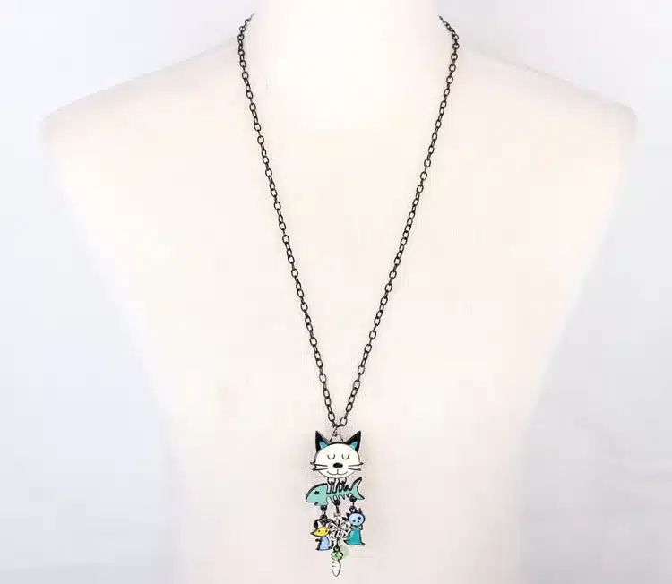 Bonsny Long Chain 2016 Colorful French Cat Necklace Enamel Pendant Fish Alloy Charm Brand Jewelry For Women Girl New Animal 24
