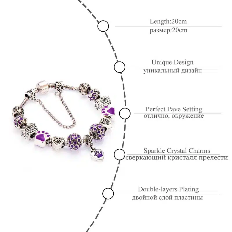 Poshfeel Silver Plated Lovely Dog Purple Heart Charm Bracelets For Women Fashion Diy Jewelry Femme Accessories Mbr170102 3
