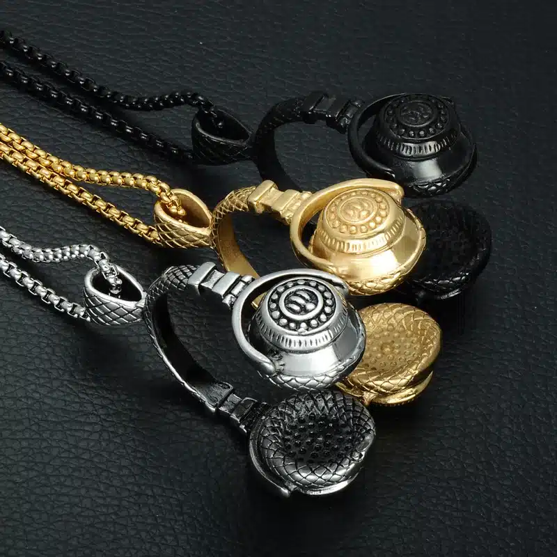 HIP Punk Gold Color Titanium Stainless Steel Sport Headset Music Carnival Headphones Pendants Necklaces for Men Jewelry 6