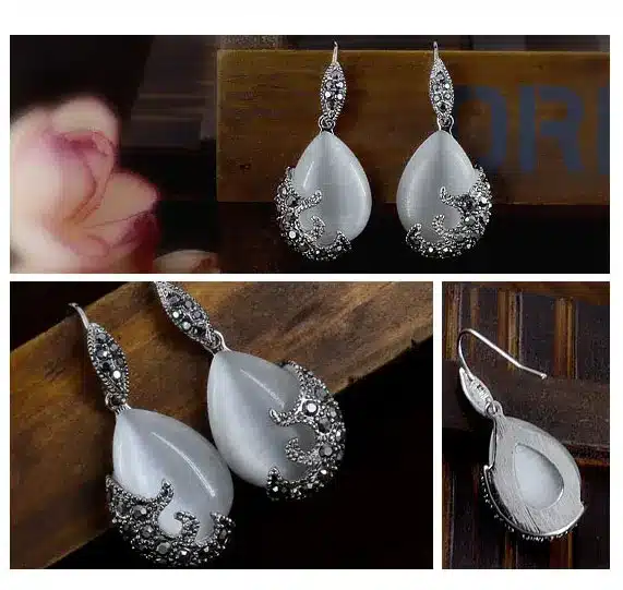 JEXXI New Retro Silver Fashion Opal Water Drop Flower Pendants Long Necklaces And Drop Earrings Jewelry Sets Corn Chains 30" 10