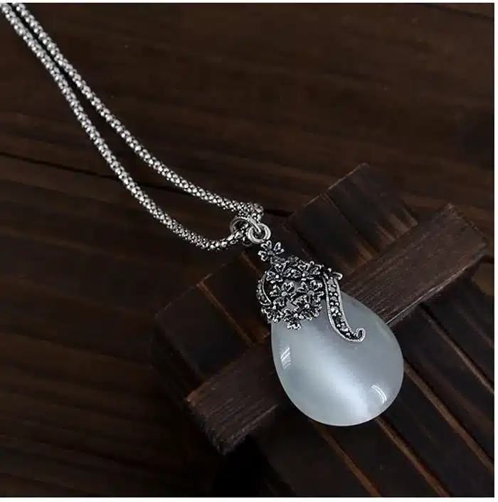 JEXXI New Retro Silver Fashion Opal Water Drop Flower Pendants Long Necklaces And Drop Earrings Jewelry Sets Corn Chains 30" 12