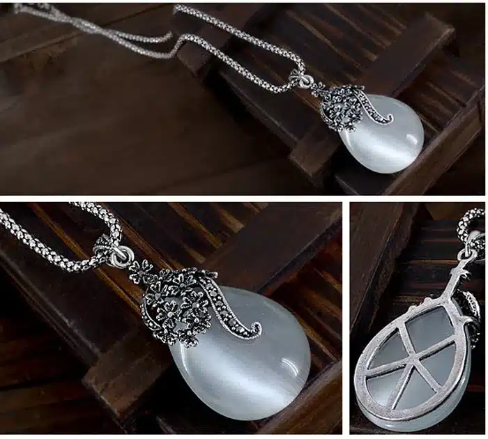 JEXXI New Retro Silver Fashion Opal Water Drop Flower Pendants Long Necklaces And Drop Earrings Jewelry Sets Corn Chains 30" 11