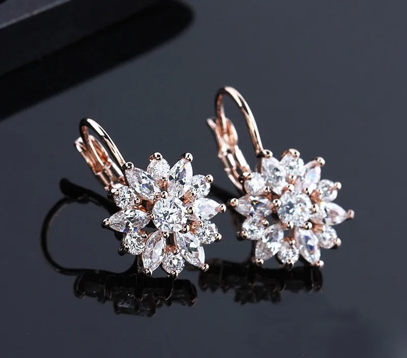 Free Gift Box Luxury Female Zircon Drop Earrings Rose Gold Color CZ Crystal Flower Dangle Earrings For Women Jewelry Wholesale 11