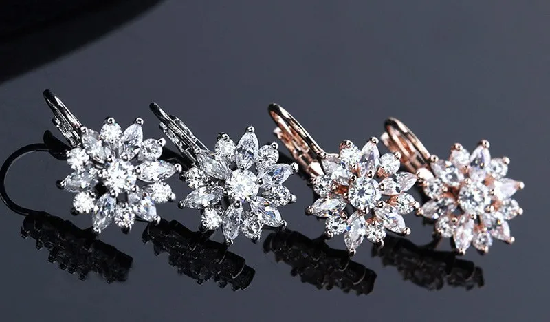Free Gift Box Luxury Female Zircon Drop Earrings Rose Gold Color CZ Crystal Flower Dangle Earrings For Women Jewelry Wholesale 15