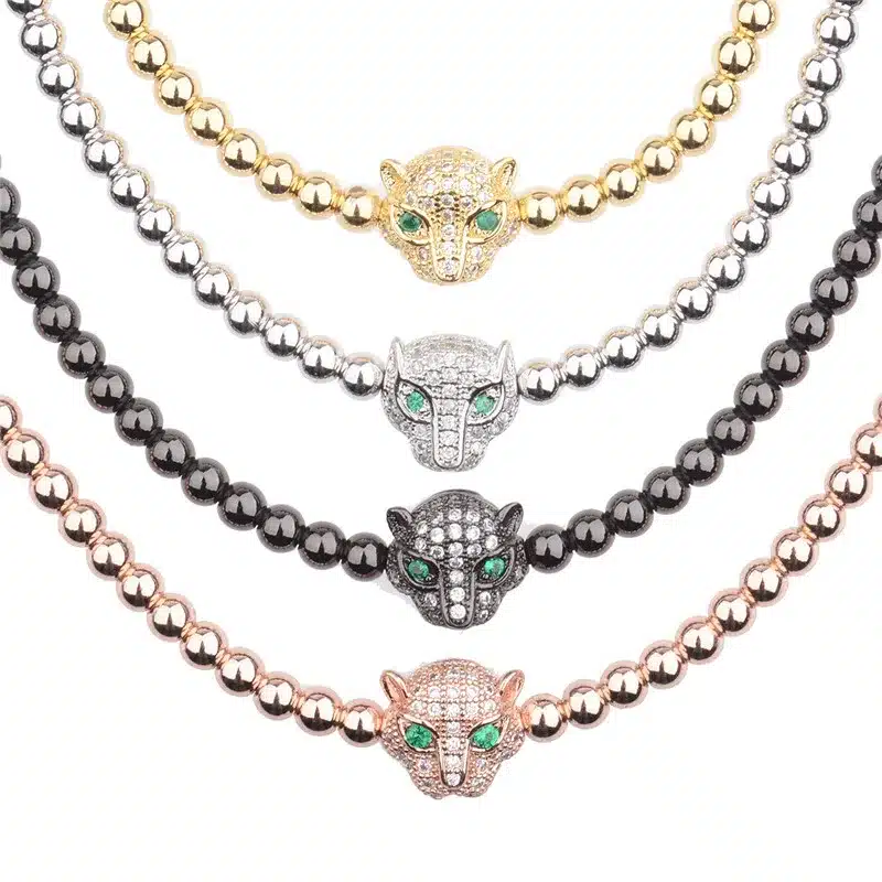 Trendy Men Rose Gold Crystal Leopard Head & 4mm Beads Braiding Macrame Bracelets AB1001 12