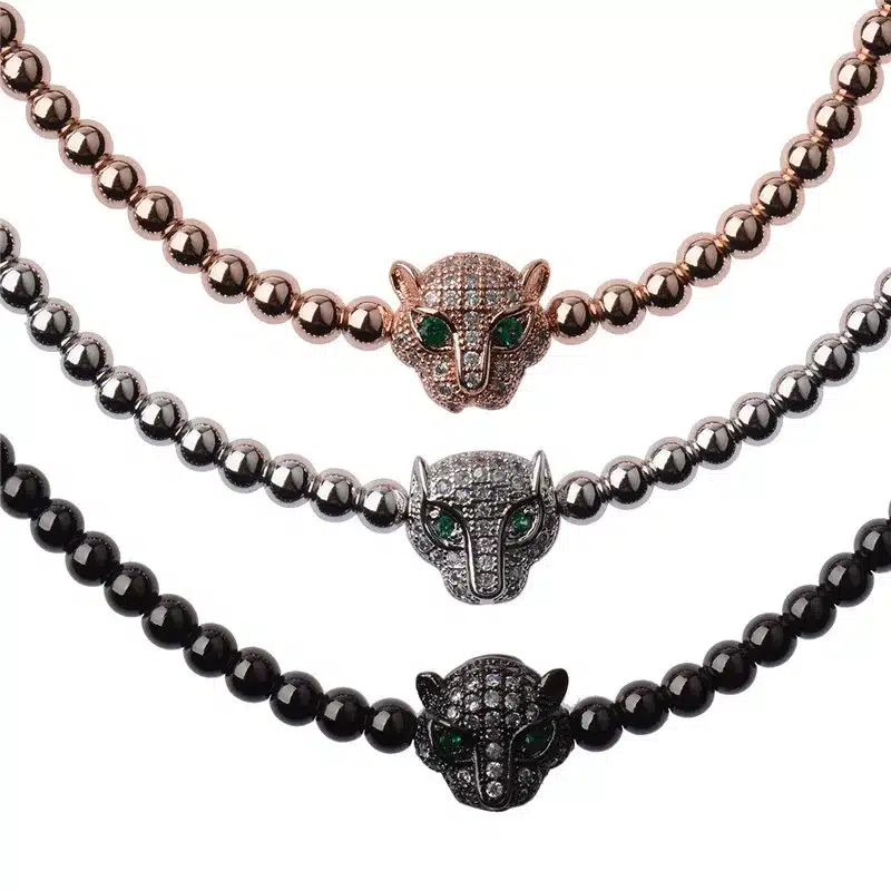 Trendy Men Rose Gold Crystal Leopard Head & 4mm Beads Braiding Macrame Bracelets AB1001 13