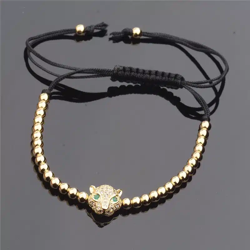 Trendy Men Rose Gold Crystal Leopard Head & 4mm Beads Braiding Macrame Bracelets AB1001 14
