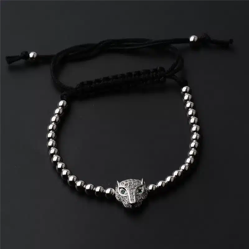 Trendy Men Rose Gold Crystal Leopard Head & 4mm Beads Braiding Macrame Bracelets AB1001 16