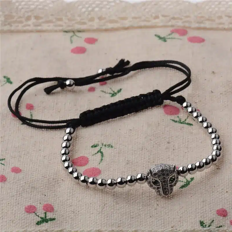 Trendy Men Rose Gold Crystal Leopard Head & 4mm Beads Braiding Macrame Bracelets AB1001 18