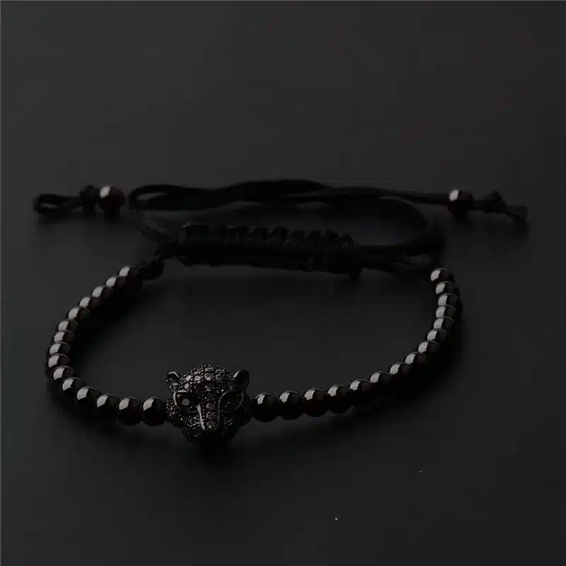 Trendy Men Rose Gold Crystal Leopard Head & 4mm Beads Braiding Macrame Bracelets AB1001 19