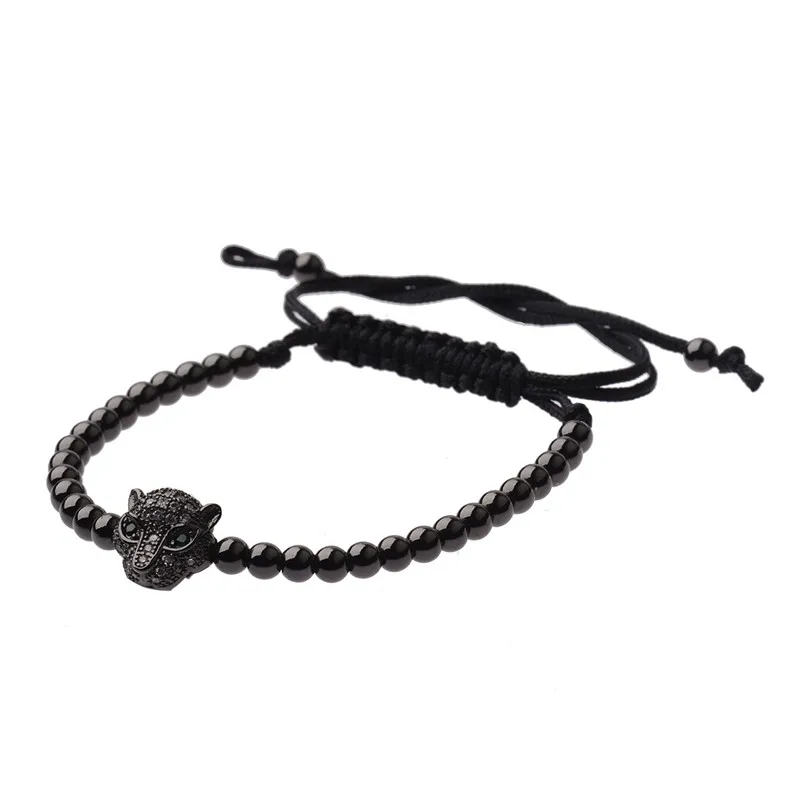 Trendy Men Rose Gold Crystal Leopard Head & 4mm Beads Braiding Macrame Bracelets AB1001 20
