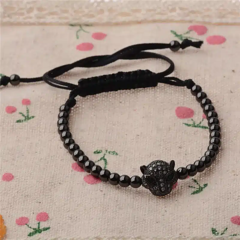 Trendy Men Rose Gold Crystal Leopard Head & 4mm Beads Braiding Macrame Bracelets AB1001 21