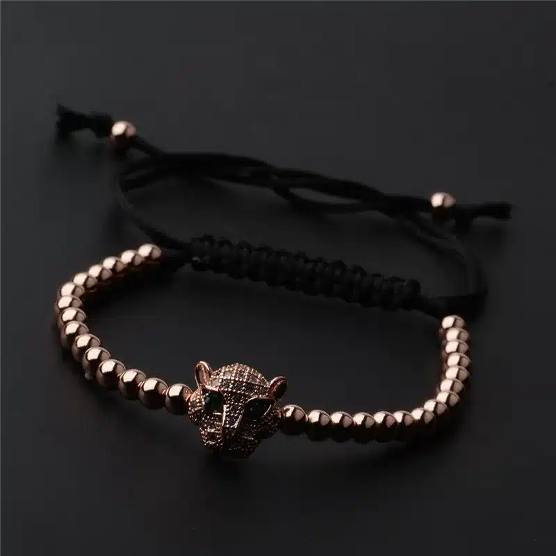 Trendy Men Rose Gold Crystal Leopard Head & 4mm Beads Braiding Macrame Bracelets AB1001 22