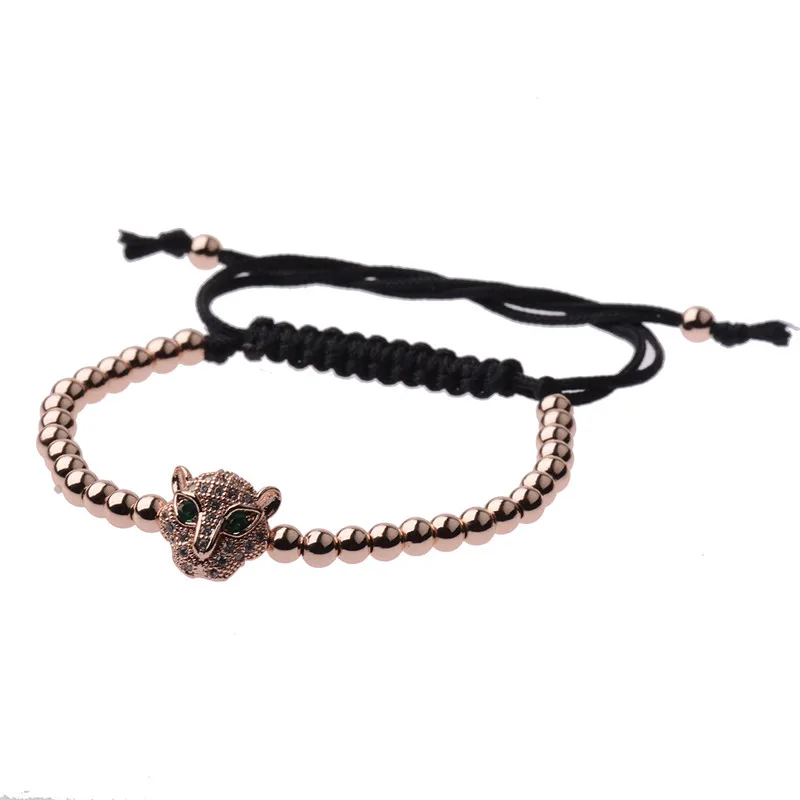 Trendy Men Rose Gold Crystal Leopard Head & 4mm Beads Braiding Macrame Bracelets AB1001 23