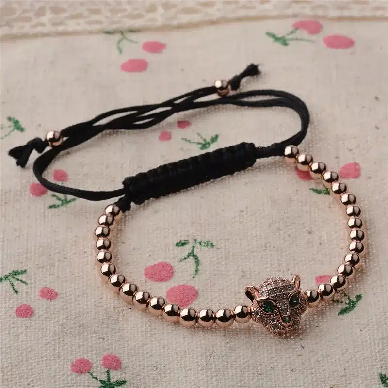 Trendy Men Rose Gold Crystal Leopard Head & 4mm Beads Braiding Macrame Bracelets AB1001 24