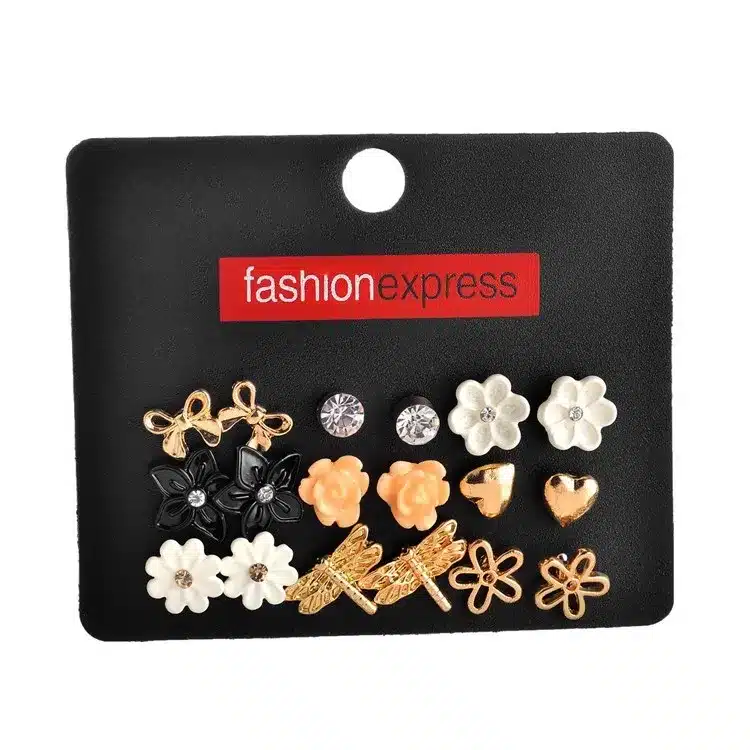 [Marte&Joven] New Style Rhinestone Stud Earring Set For Women Hot-selling Cute Flower Mixed Imitation Pearl Earring Sets 9 Pairs 10