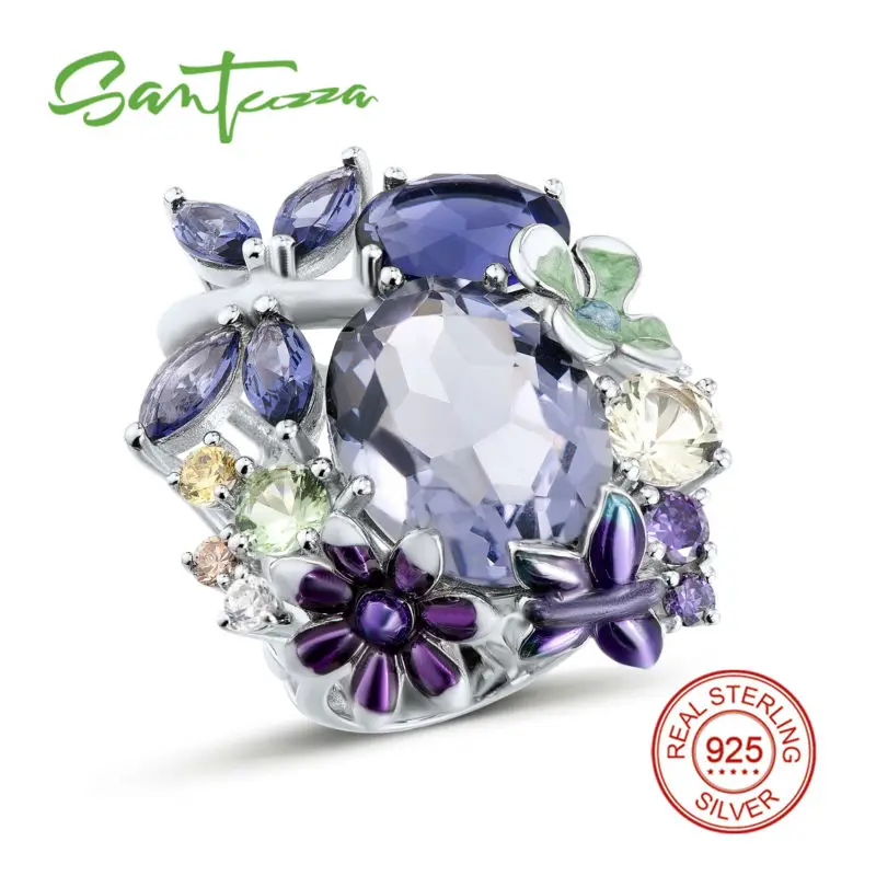 Silver Ring for Women Purple Butterfly Flower Ring Champagne CZ Elegant Ladies Ring Solid 925 Sterling Silver Ring Jewelry 10