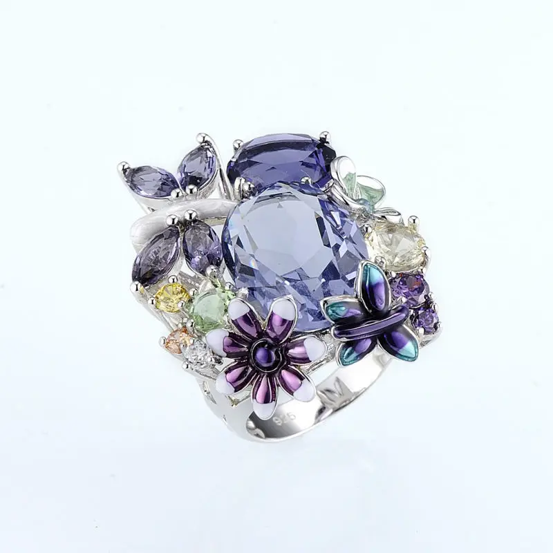 Silver Ring for Women Purple Butterfly Flower Ring Champagne CZ Elegant Ladies Ring Solid 925 Sterling Silver Ring Jewelry 11