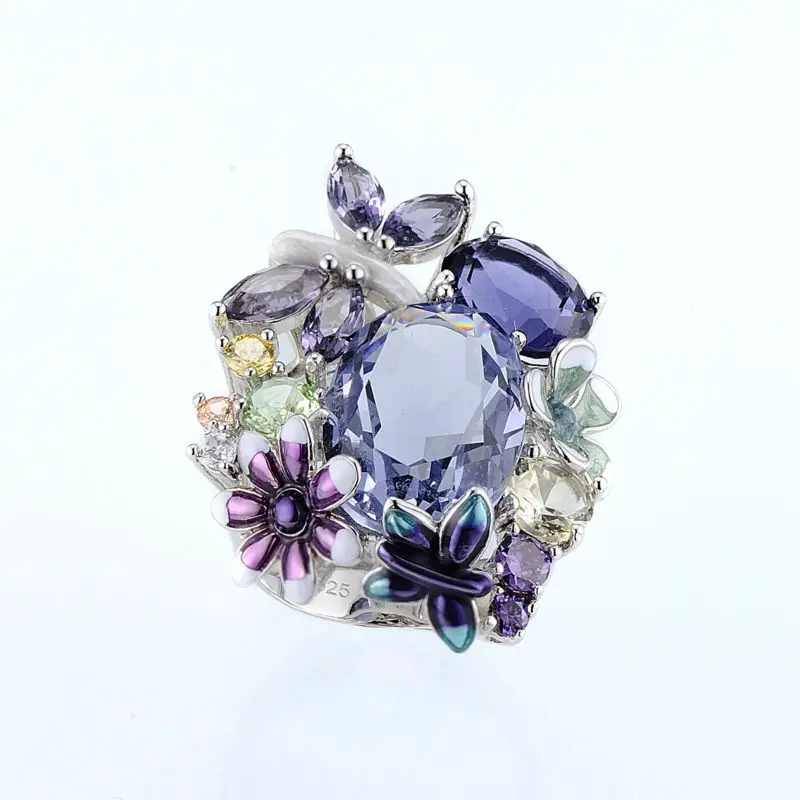 Silver Ring for Women Purple Butterfly Flower Ring Champagne CZ Elegant Ladies Ring Solid 925 Sterling Silver Ring Jewelry 12