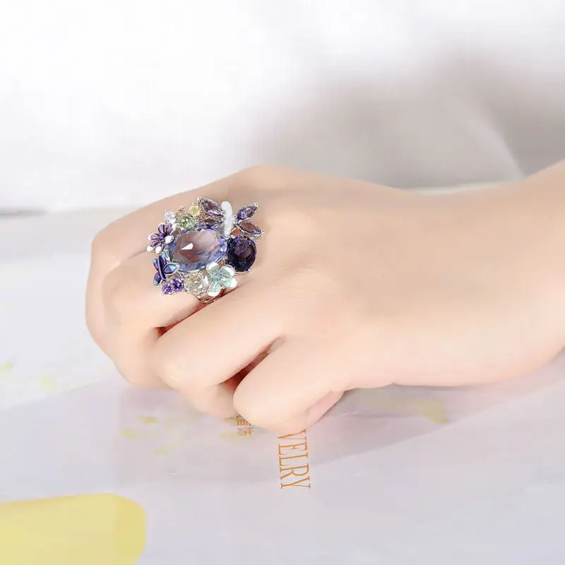 Silver Ring for Women Purple Butterfly Flower Ring Champagne CZ Elegant Ladies Ring Solid 925 Sterling Silver Ring Jewelry 13