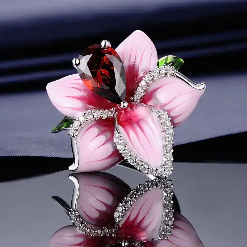 Silver Flower Rings for Women Big Pink Flower Enamel Ring Red Garnet Cubic Ziconia 925 Sterling Silver Female Ring HANDMADE 9