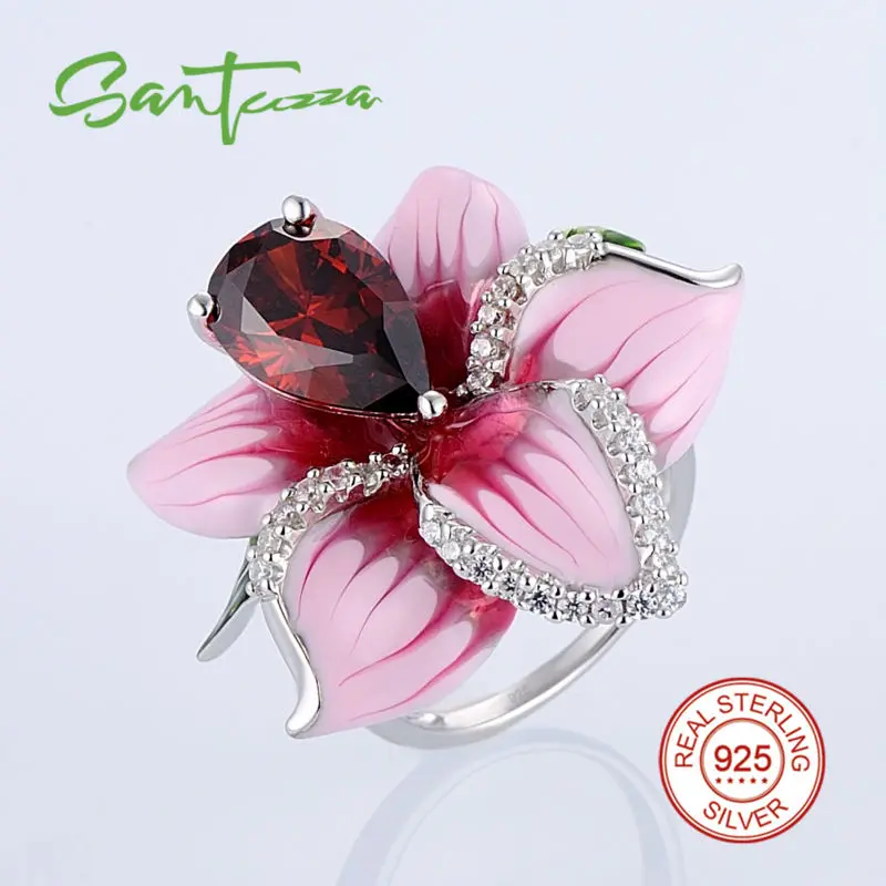 Silver Flower Rings for Women Big Pink Flower Enamel Ring Red Garnet Cubic Ziconia 925 Sterling Silver Female Ring HANDMADE 10