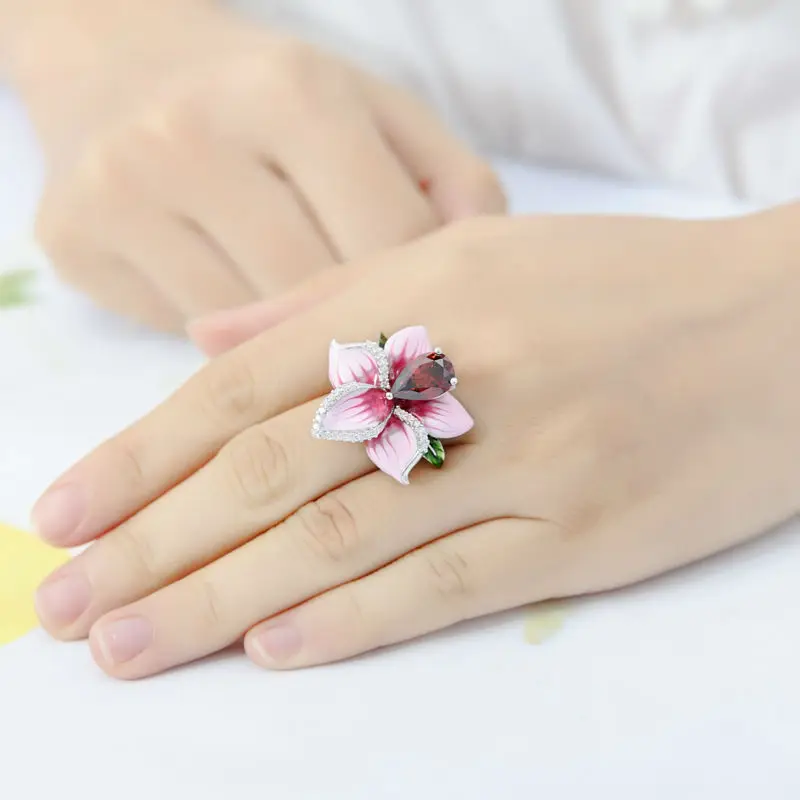 Silver Flower Rings for Women Big Pink Flower Enamel Ring Red Garnet Cubic Ziconia 925 Sterling Silver Female Ring HANDMADE 12