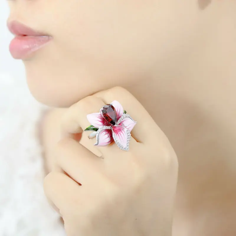 Silver Flower Rings for Women Big Pink Flower Enamel Ring Red Garnet Cubic Ziconia 925 Sterling Silver Female Ring HANDMADE 11