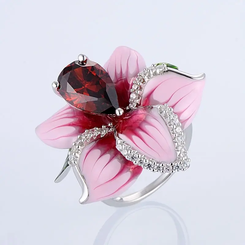 Silver Flower Rings for Women Big Pink Flower Enamel Ring Red Garnet Cubic Ziconia 925 Sterling Silver Female Ring HANDMADE 13