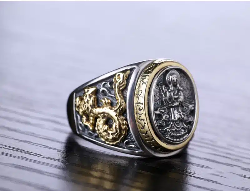 ZABRA Vintage Buddhism Goddess 925 Silver Dragon Male Ring Gold Retro Black Male Silver Ring Sterling Biker Man Rings Jewelry 15