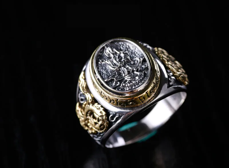 ZABRA Vintage Buddhism Goddess 925 Silver Dragon Male Ring Gold Retro Black Male Silver Ring Sterling Biker Man Rings Jewelry 18