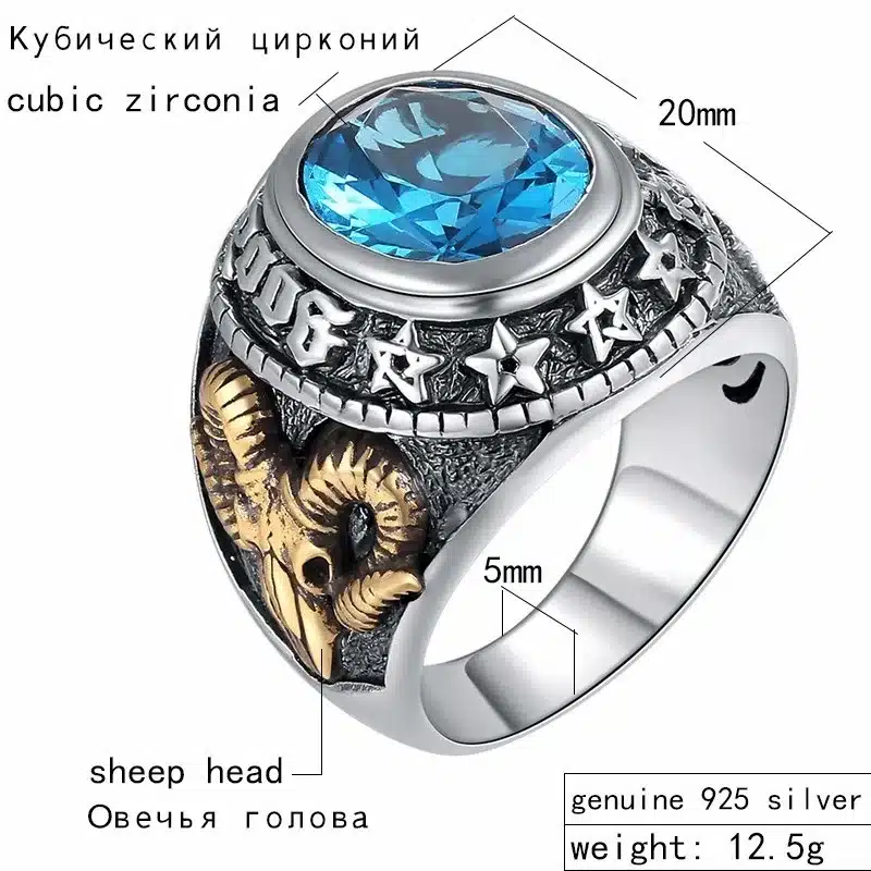 ZABRA 925 Silver Blue Zircon Men Ring Vintage Stone Punk Rock Gold Sheep Head Thai Handmade Women Rings Sterling Silver Jewelry 11