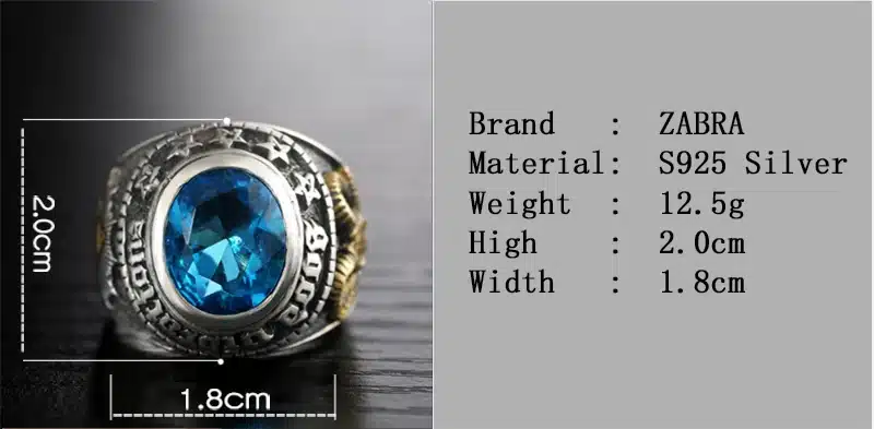 ZABRA 925 Silver Blue Zircon Men Ring Vintage Stone Punk Rock Gold Sheep Head Thai Handmade Women Rings Sterling Silver Jewelry 13