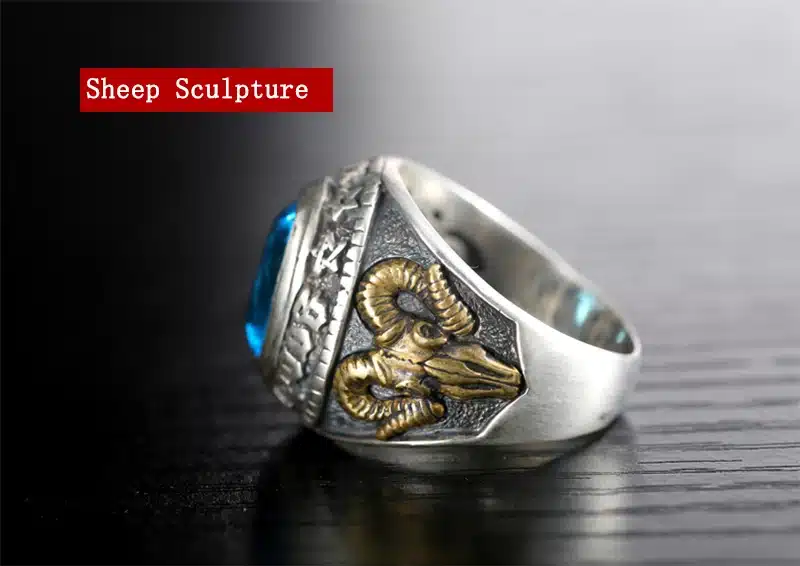 ZABRA 925 Silver Blue Zircon Men Ring Vintage Stone Punk Rock Gold Sheep Head Thai Handmade Women Rings Sterling Silver Jewelry 16