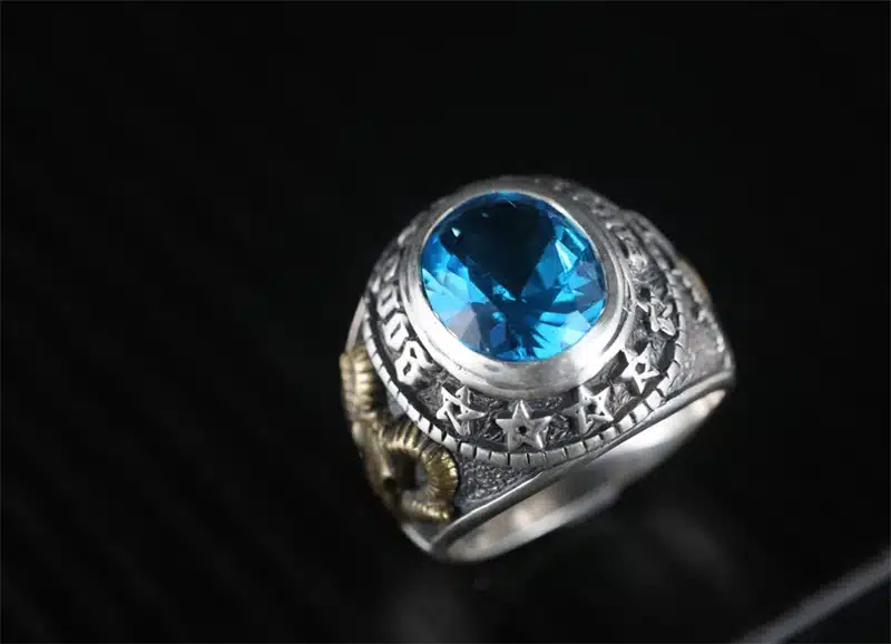 ZABRA 925 Silver Blue Zircon Men Ring Vintage Stone Punk Rock Gold Sheep Head Thai Handmade Women Rings Sterling Silver Jewelry 17