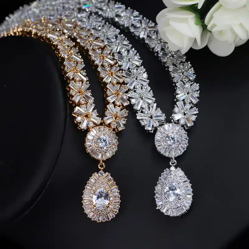 CWWZircons White Gold Color Luxury Bridal CZ Crystal Necklace and Earring Set Big Wedding Jewelry Sets For Brides T103 30