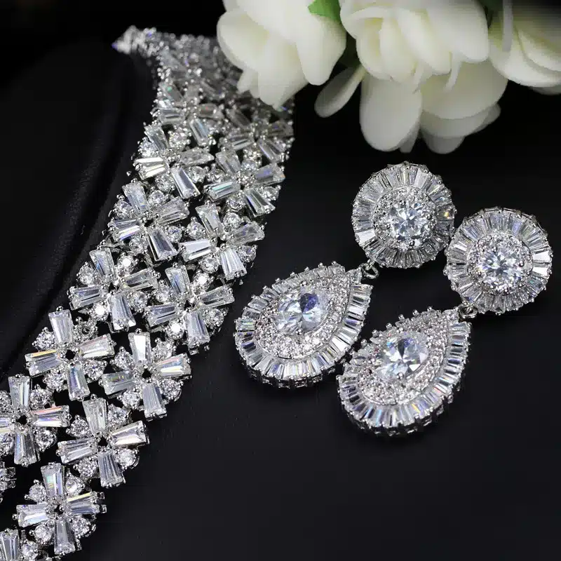 CWWZircons White Gold Color Luxury Bridal CZ Crystal Necklace and Earring Set Big Wedding Jewelry Sets For Brides T103 31